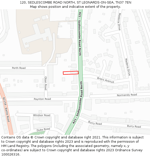 120, SEDLESCOMBE ROAD NORTH, ST LEONARDS-ON-SEA, TN37 7EN: Location map and indicative extent of plot