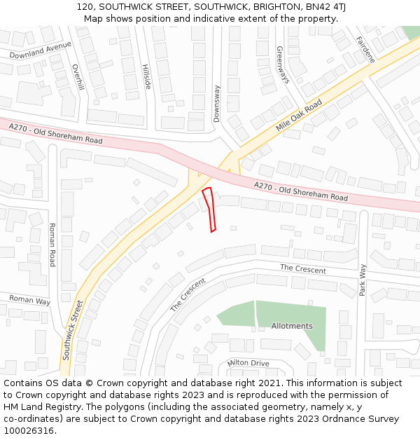 120, SOUTHWICK STREET, SOUTHWICK, BRIGHTON, BN42 4TJ: Location map and indicative extent of plot