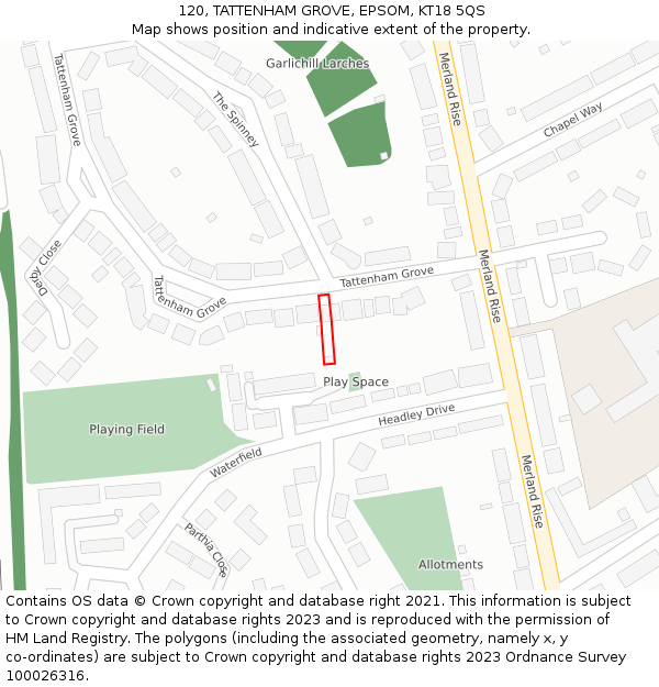 120, TATTENHAM GROVE, EPSOM, KT18 5QS: Location map and indicative extent of plot