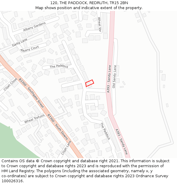 120, THE PADDOCK, REDRUTH, TR15 2BN: Location map and indicative extent of plot