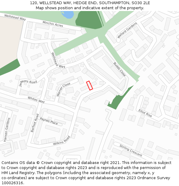 120, WELLSTEAD WAY, HEDGE END, SOUTHAMPTON, SO30 2LE: Location map and indicative extent of plot