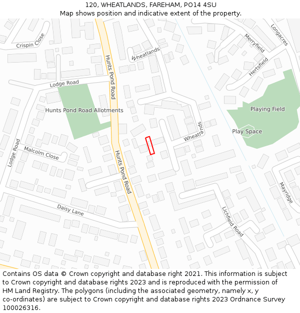 120, WHEATLANDS, FAREHAM, PO14 4SU: Location map and indicative extent of plot