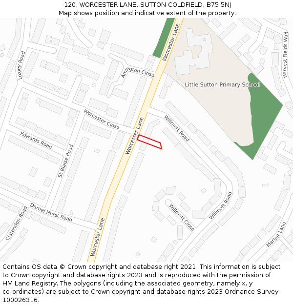 120, WORCESTER LANE, SUTTON COLDFIELD, B75 5NJ: Location map and indicative extent of plot