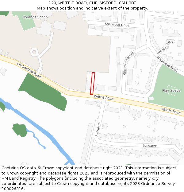 120, WRITTLE ROAD, CHELMSFORD, CM1 3BT: Location map and indicative extent of plot