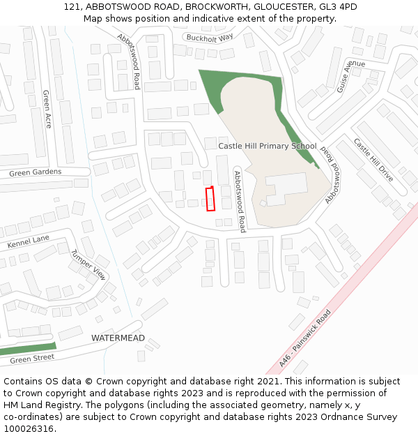 121, ABBOTSWOOD ROAD, BROCKWORTH, GLOUCESTER, GL3 4PD: Location map and indicative extent of plot