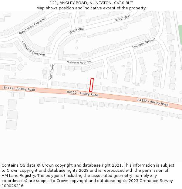 121, ANSLEY ROAD, NUNEATON, CV10 8LZ: Location map and indicative extent of plot