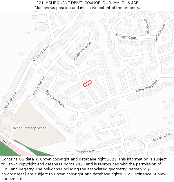 121, ASHBOURNE DRIVE, COXHOE, DURHAM, DH6 4SR: Location map and indicative extent of plot