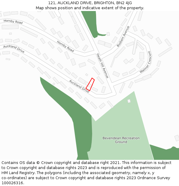 121, AUCKLAND DRIVE, BRIGHTON, BN2 4JG: Location map and indicative extent of plot