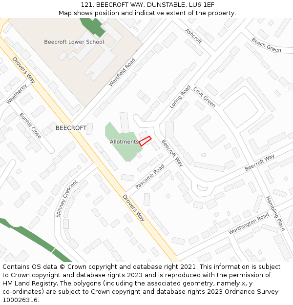 121, BEECROFT WAY, DUNSTABLE, LU6 1EF: Location map and indicative extent of plot