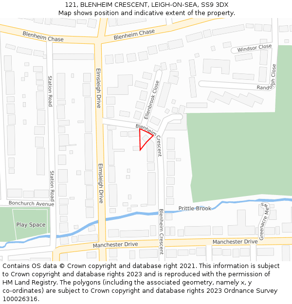 121, BLENHEIM CRESCENT, LEIGH-ON-SEA, SS9 3DX: Location map and indicative extent of plot