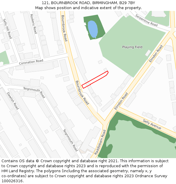 121, BOURNBROOK ROAD, BIRMINGHAM, B29 7BY: Location map and indicative extent of plot