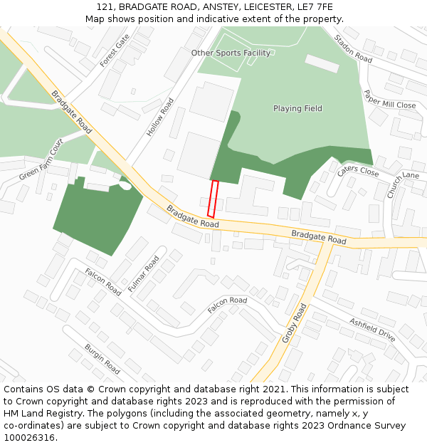 121, BRADGATE ROAD, ANSTEY, LEICESTER, LE7 7FE: Location map and indicative extent of plot