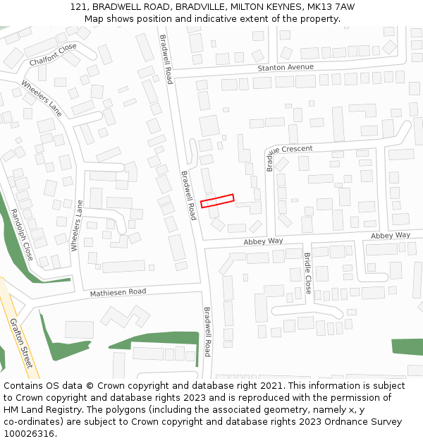 121, BRADWELL ROAD, BRADVILLE, MILTON KEYNES, MK13 7AW: Location map and indicative extent of plot