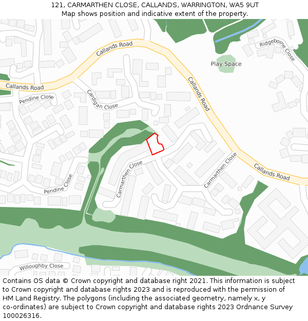 121, CARMARTHEN CLOSE, CALLANDS, WARRINGTON, WA5 9UT: Location map and indicative extent of plot