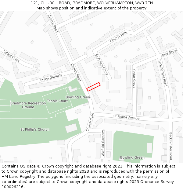 121, CHURCH ROAD, BRADMORE, WOLVERHAMPTON, WV3 7EN: Location map and indicative extent of plot