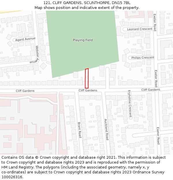 121, CLIFF GARDENS, SCUNTHORPE, DN15 7BL: Location map and indicative extent of plot