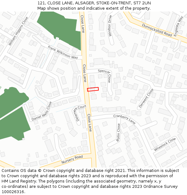 121, CLOSE LANE, ALSAGER, STOKE-ON-TRENT, ST7 2UN: Location map and indicative extent of plot