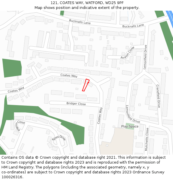 121, COATES WAY, WATFORD, WD25 9PF: Location map and indicative extent of plot