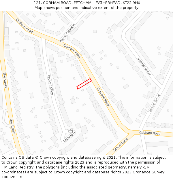 121, COBHAM ROAD, FETCHAM, LEATHERHEAD, KT22 9HX: Location map and indicative extent of plot