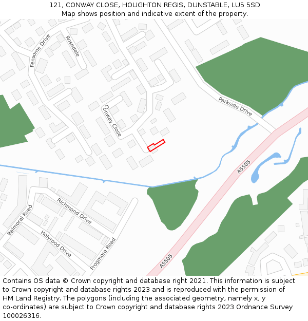 121, CONWAY CLOSE, HOUGHTON REGIS, DUNSTABLE, LU5 5SD: Location map and indicative extent of plot