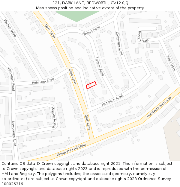 121, DARK LANE, BEDWORTH, CV12 0JQ: Location map and indicative extent of plot