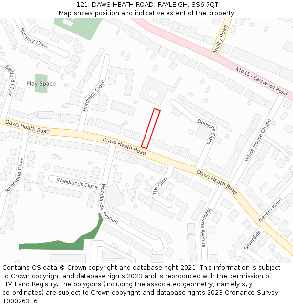 121, DAWS HEATH ROAD, RAYLEIGH, SS6 7QT: Location map and indicative extent of plot