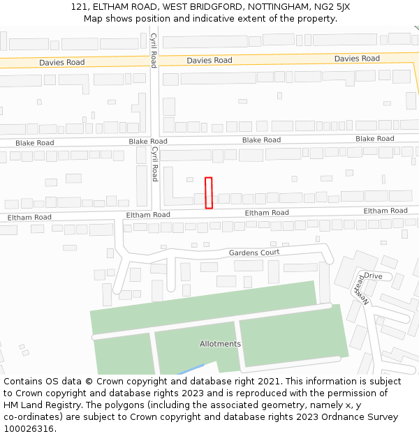 121, ELTHAM ROAD, WEST BRIDGFORD, NOTTINGHAM, NG2 5JX: Location map and indicative extent of plot