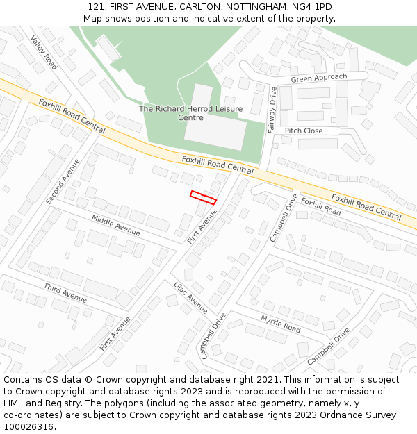 121, FIRST AVENUE, CARLTON, NOTTINGHAM, NG4 1PD: Location map and indicative extent of plot