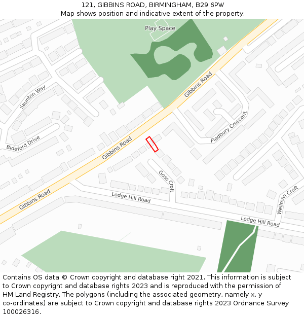 121, GIBBINS ROAD, BIRMINGHAM, B29 6PW: Location map and indicative extent of plot