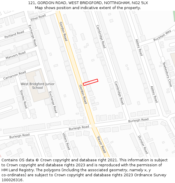 121, GORDON ROAD, WEST BRIDGFORD, NOTTINGHAM, NG2 5LX: Location map and indicative extent of plot