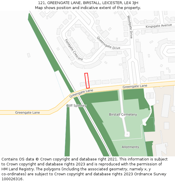 121, GREENGATE LANE, BIRSTALL, LEICESTER, LE4 3JH: Location map and indicative extent of plot