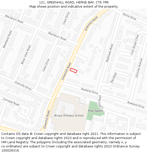 121, GREENHILL ROAD, HERNE BAY, CT6 7RR: Location map and indicative extent of plot