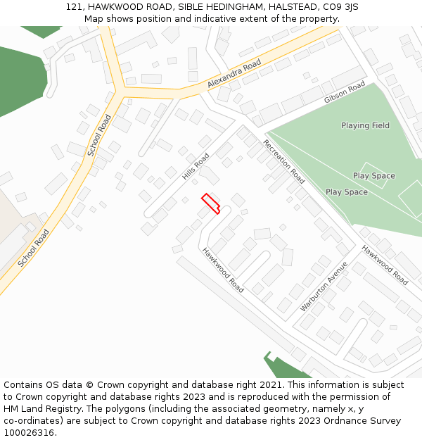 121, HAWKWOOD ROAD, SIBLE HEDINGHAM, HALSTEAD, CO9 3JS: Location map and indicative extent of plot