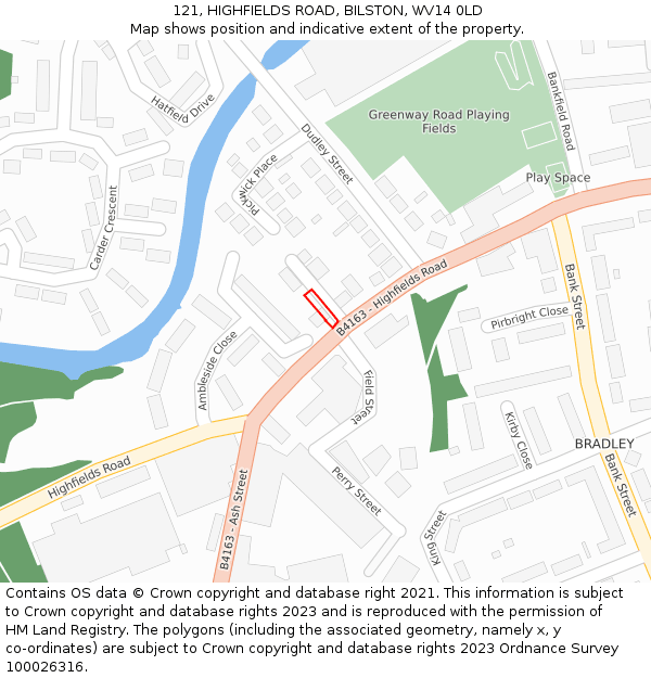 121, HIGHFIELDS ROAD, BILSTON, WV14 0LD: Location map and indicative extent of plot