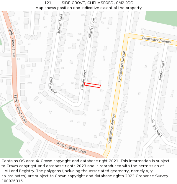 121, HILLSIDE GROVE, CHELMSFORD, CM2 9DD: Location map and indicative extent of plot