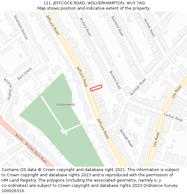 121, JEFFCOCK ROAD, WOLVERHAMPTON, WV3 7AG: Location map and indicative extent of plot