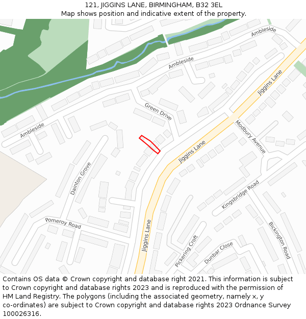 121, JIGGINS LANE, BIRMINGHAM, B32 3EL: Location map and indicative extent of plot