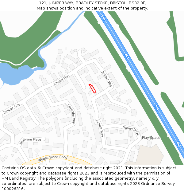 121, JUNIPER WAY, BRADLEY STOKE, BRISTOL, BS32 0EJ: Location map and indicative extent of plot