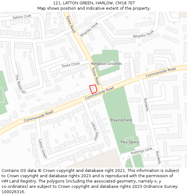 121, LATTON GREEN, HARLOW, CM18 7ET: Location map and indicative extent of plot