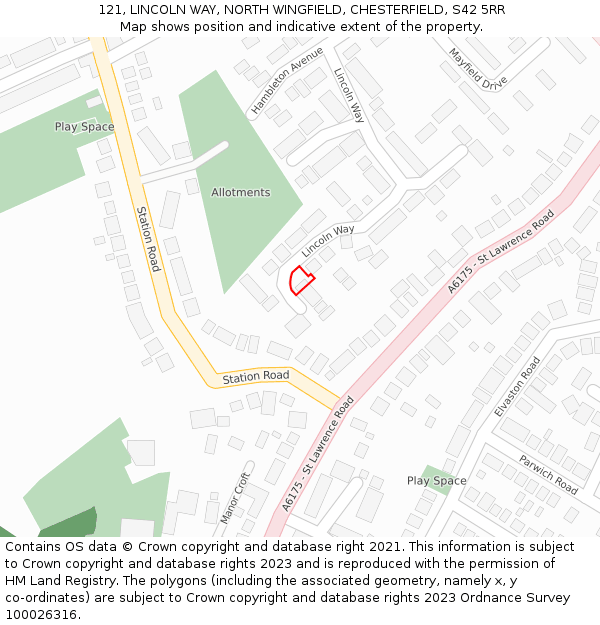 121, LINCOLN WAY, NORTH WINGFIELD, CHESTERFIELD, S42 5RR: Location map and indicative extent of plot