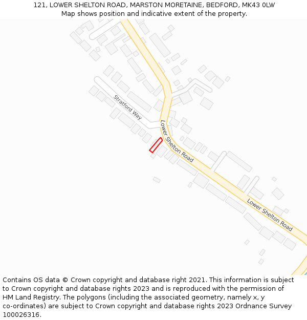 121, LOWER SHELTON ROAD, MARSTON MORETAINE, BEDFORD, MK43 0LW: Location map and indicative extent of plot