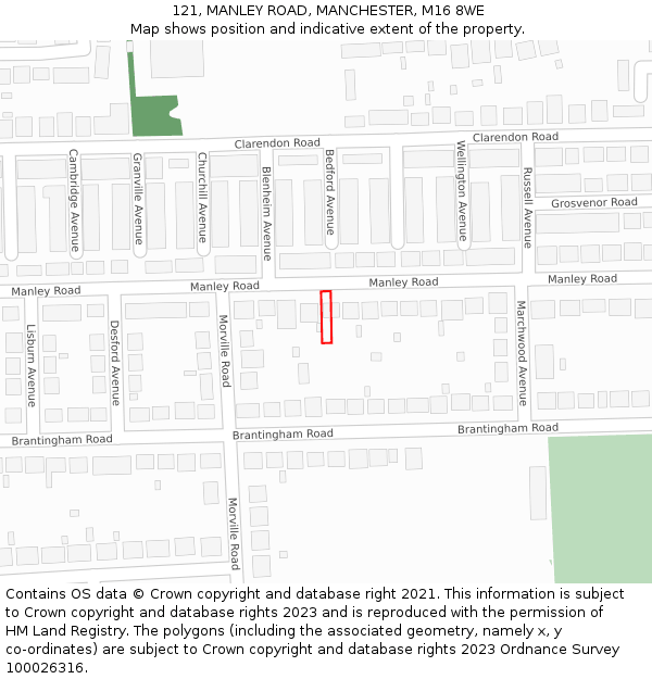 121, MANLEY ROAD, MANCHESTER, M16 8WE: Location map and indicative extent of plot