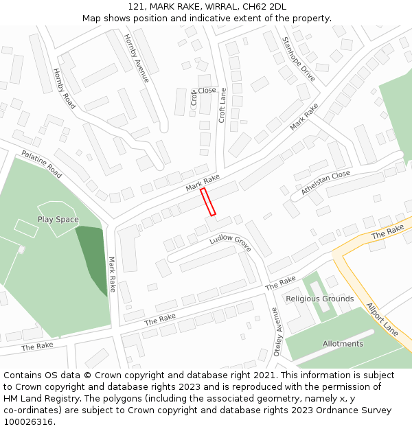 121, MARK RAKE, WIRRAL, CH62 2DL: Location map and indicative extent of plot