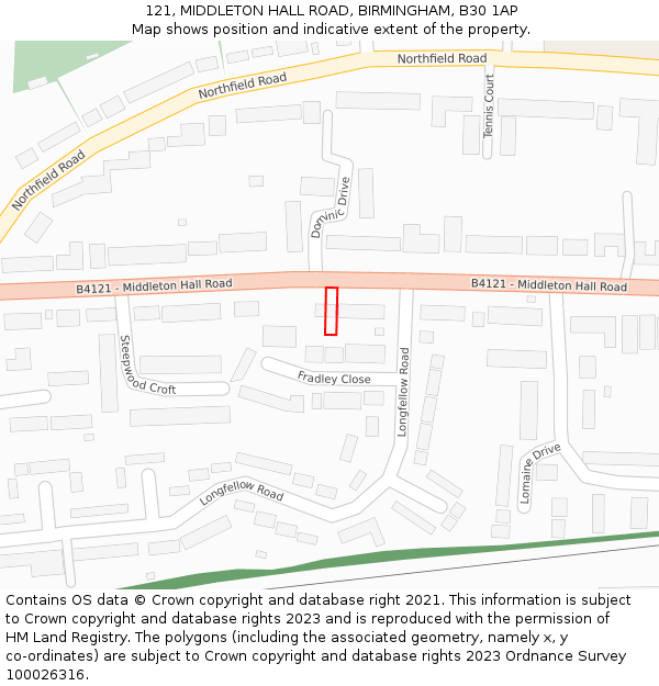 121, MIDDLETON HALL ROAD, BIRMINGHAM, B30 1AP: Location map and indicative extent of plot