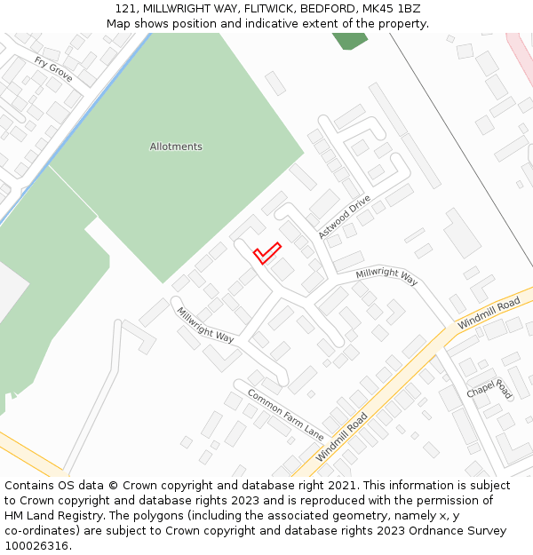 121, MILLWRIGHT WAY, FLITWICK, BEDFORD, MK45 1BZ: Location map and indicative extent of plot
