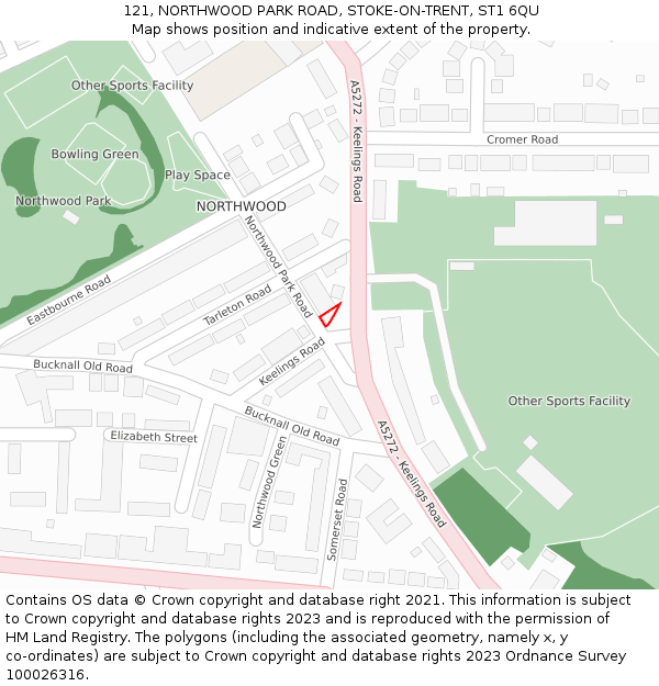 121, NORTHWOOD PARK ROAD, STOKE-ON-TRENT, ST1 6QU: Location map and indicative extent of plot