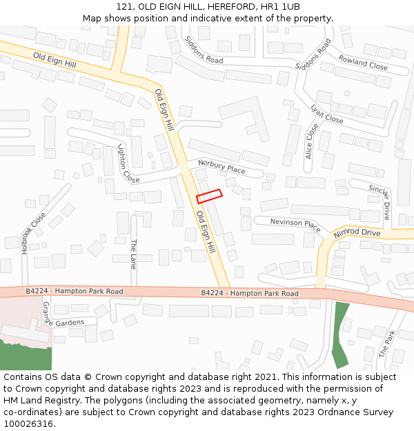 121, OLD EIGN HILL, HEREFORD, HR1 1UB: Location map and indicative extent of plot