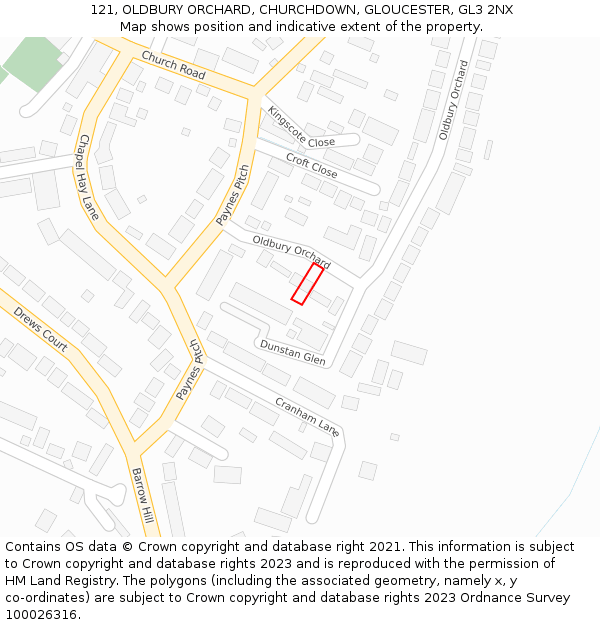 121, OLDBURY ORCHARD, CHURCHDOWN, GLOUCESTER, GL3 2NX: Location map and indicative extent of plot