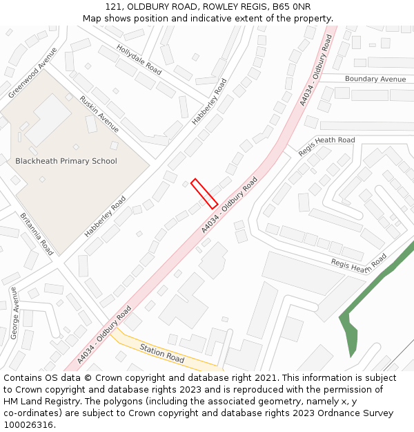 121, OLDBURY ROAD, ROWLEY REGIS, B65 0NR: Location map and indicative extent of plot