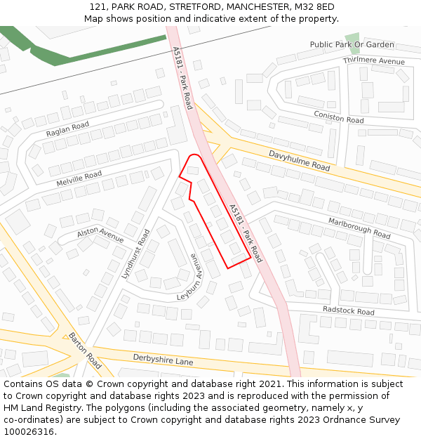 121, PARK ROAD, STRETFORD, MANCHESTER, M32 8ED: Location map and indicative extent of plot